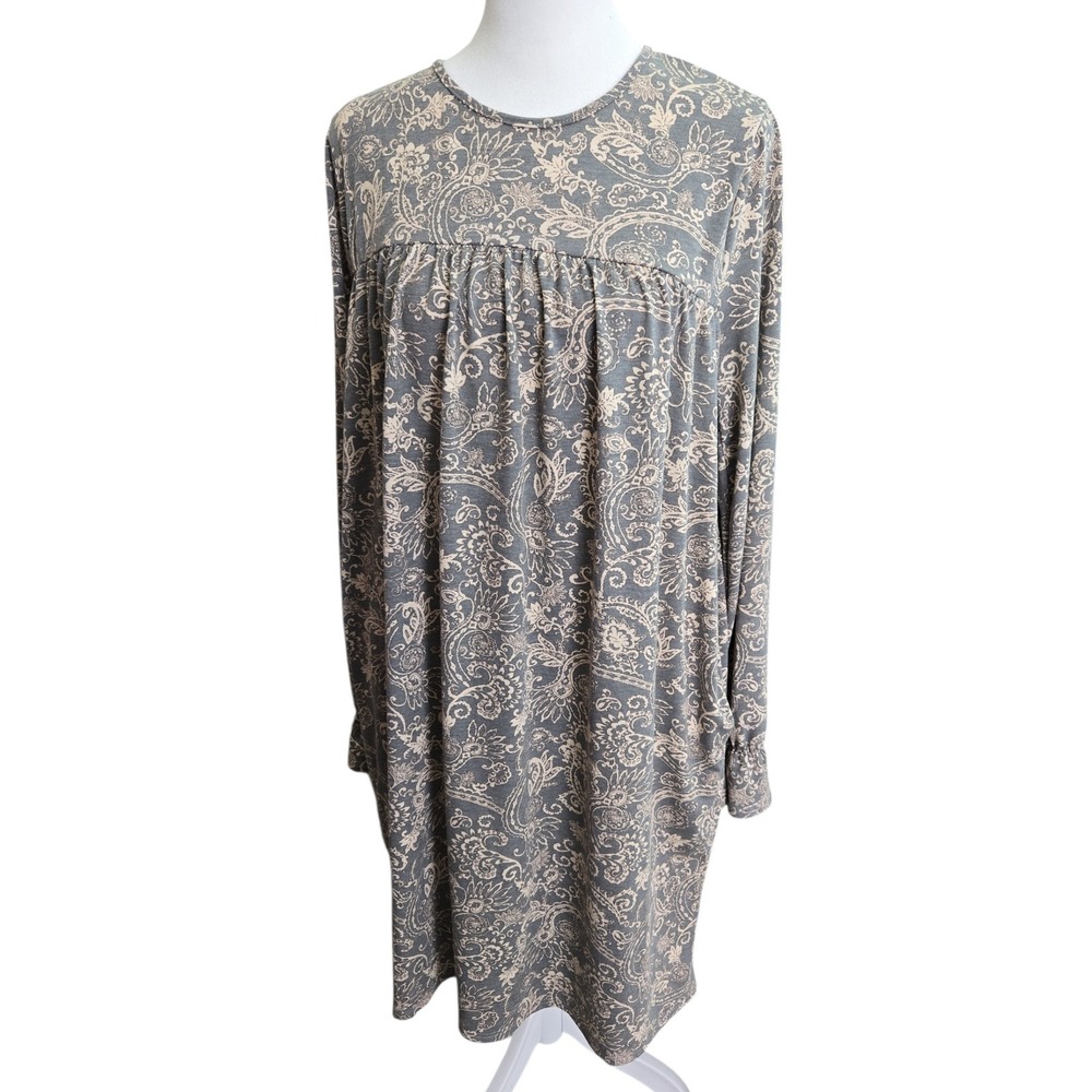 Perfect Peach Gray Tan Paisley‎ Print Long Sleeve Midi Dress Women's Size L